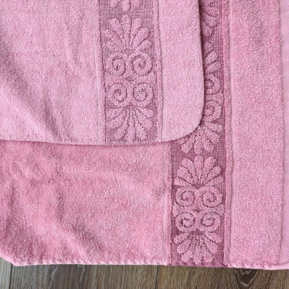 Vtg Cannon Monticello Towel Set Pink Santa Cruz Carved Floral Fringed Set of 6